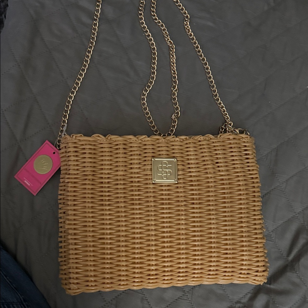 Simply Southern Tan Woven Shoulder Bag with Gold Chain